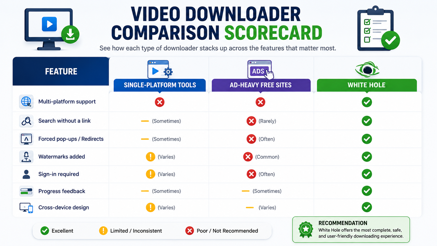 A checkmark-and-cross scorecard visually representing the comparison table across the three downloader categories.