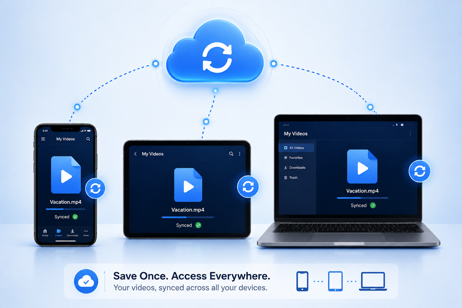 A cloud icon syncing a video file icon across a phone, tablet, and laptop simultaneously.