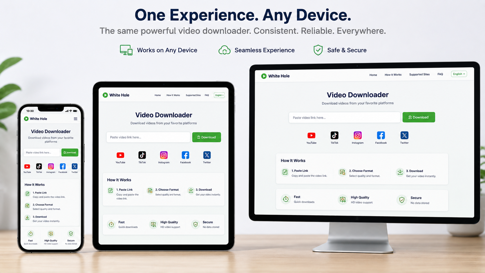 Three devices — phone, tablet, and desktop — displaying the same downloader interface consistently.