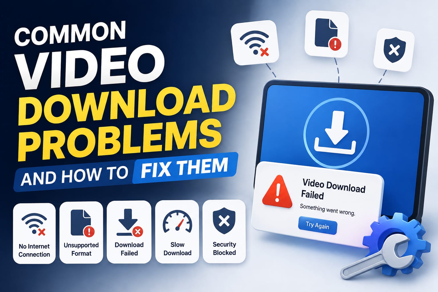 A warning triangle icon next to a wrench icon, symbolizing troubleshooting common download errors.