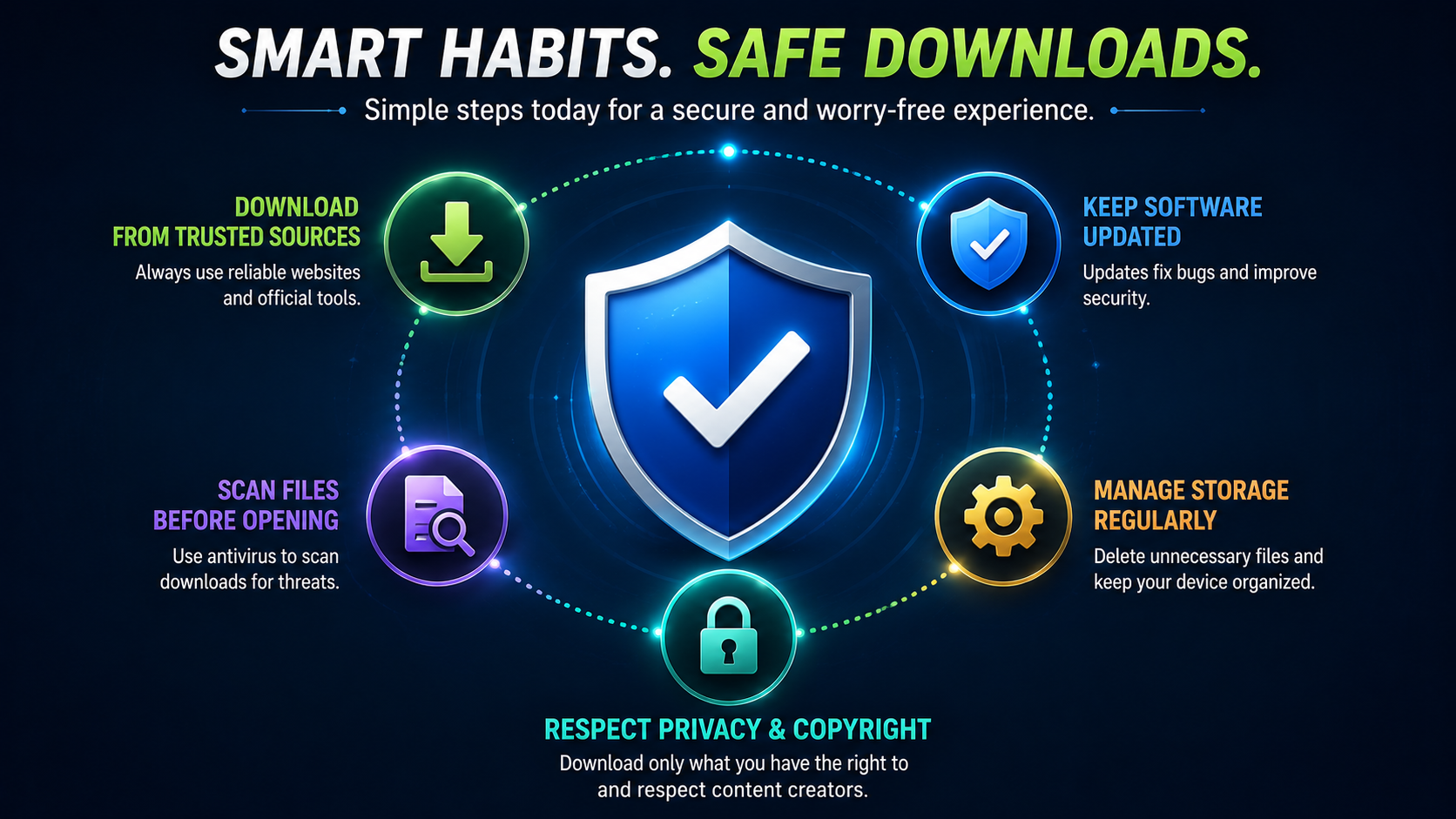 A shield icon with four small preventive habit icons orbiting it, representing proactive download best practices.