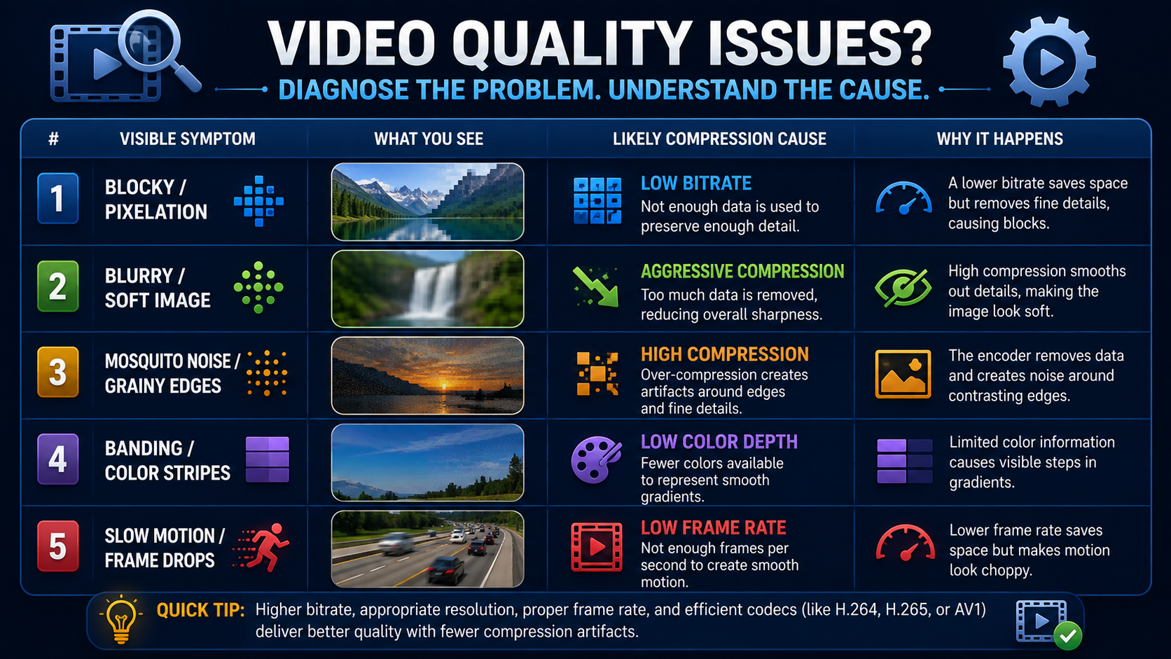 A diagnostic chart pairing five visible video symptoms with their likely compression causes.