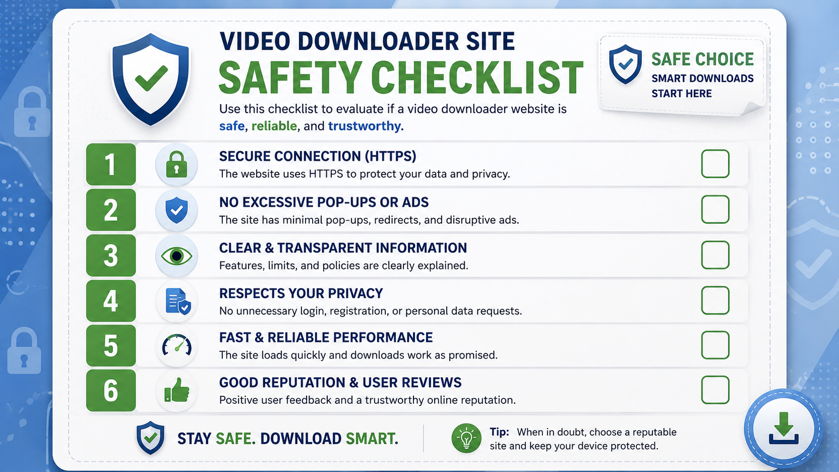 A printable-style safety checklist card with six checkboxes for evaluating a video downloader site.
