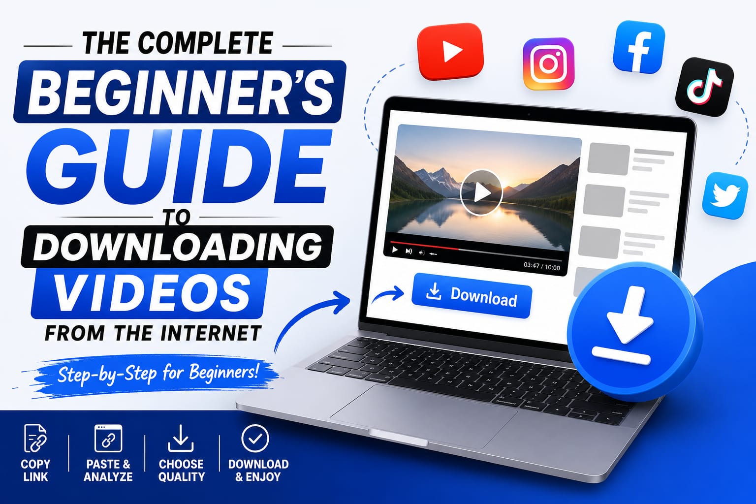 A simple step-by-step numbered graphic (1, 2, 3) showing the beginner download process from link to file.