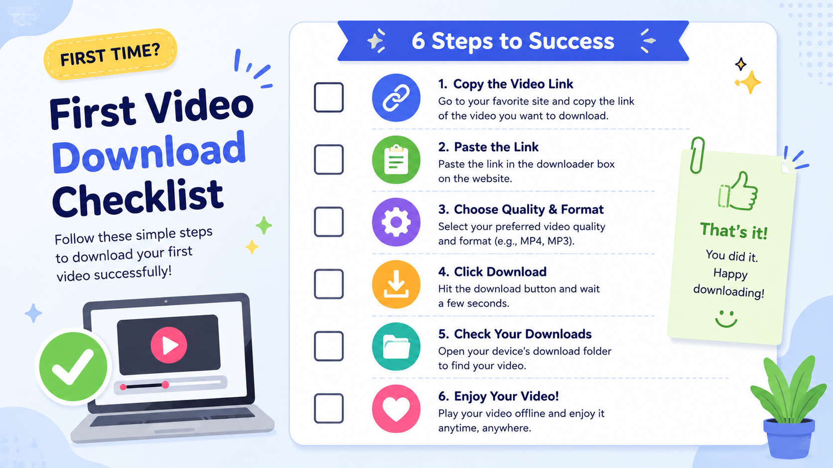 A friendly, beginner-styled checklist card with six checkboxes for completing a first video download successfully.