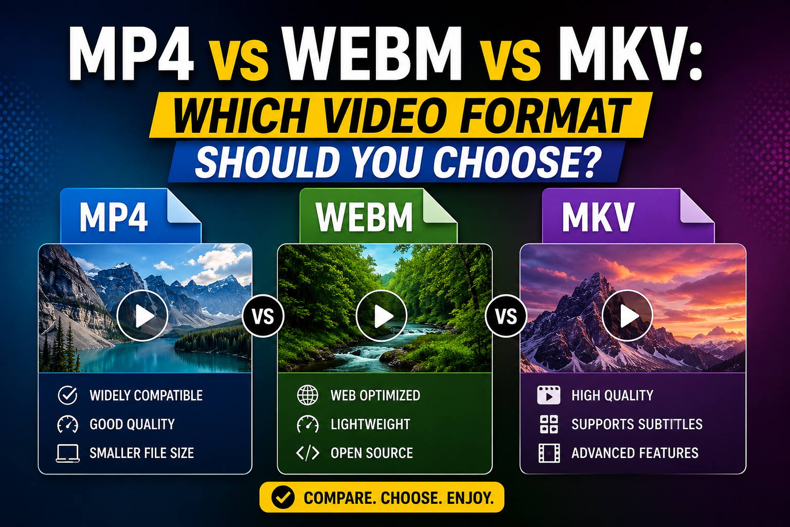 Three labeled file-type icons — MP4, WEBM, and MKV — displayed side by side for comparison.