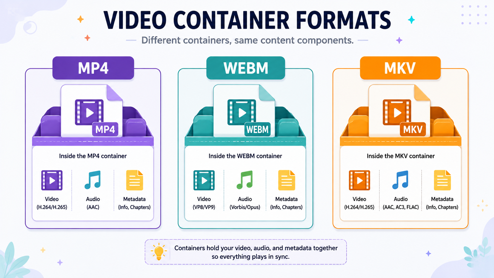 Three labeled file boxes — MP4, WEBM, and MKV — each shown as a container holding smaller video, audio, and metadata icons inside.