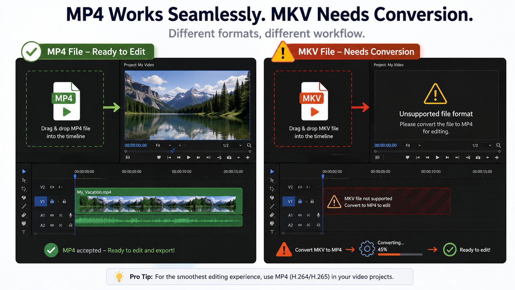A video editing timeline interface accepting an MP4 file smoothly, with a warning icon next to an MKV file needing conversion.