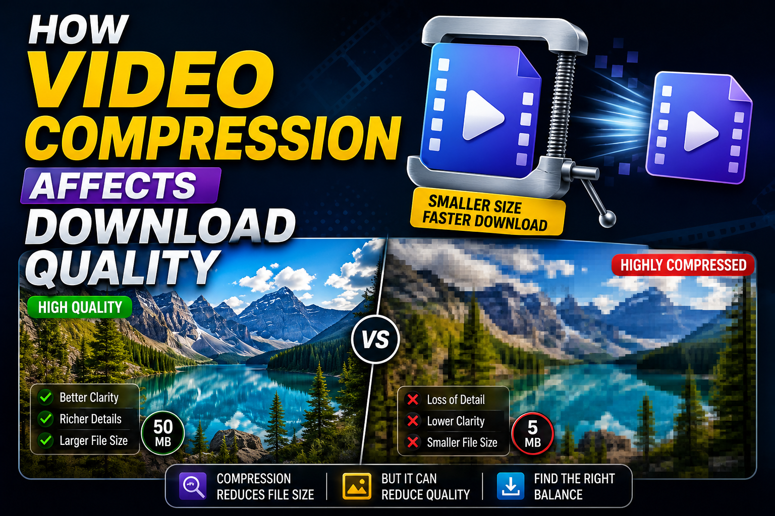 A video frame gradually becoming pixelated across a gradient, illustrating how compression degrades quality.