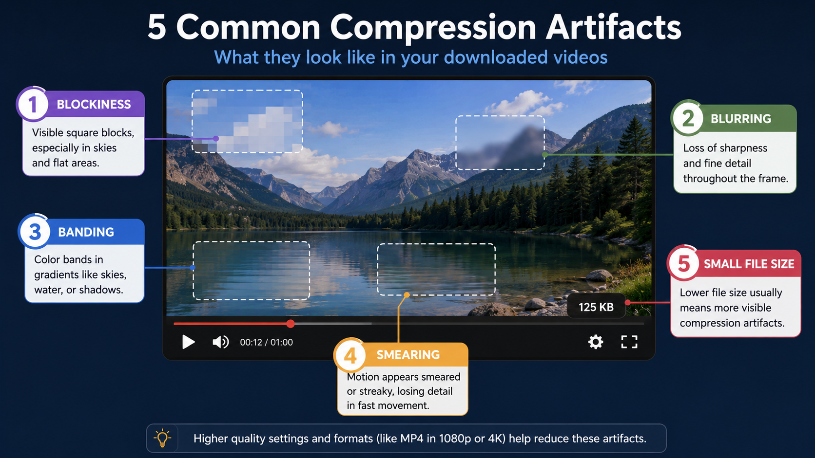 A video frame with five visible compression artifacts labeled — blockiness, blurring, banding, smearing, and small file size.