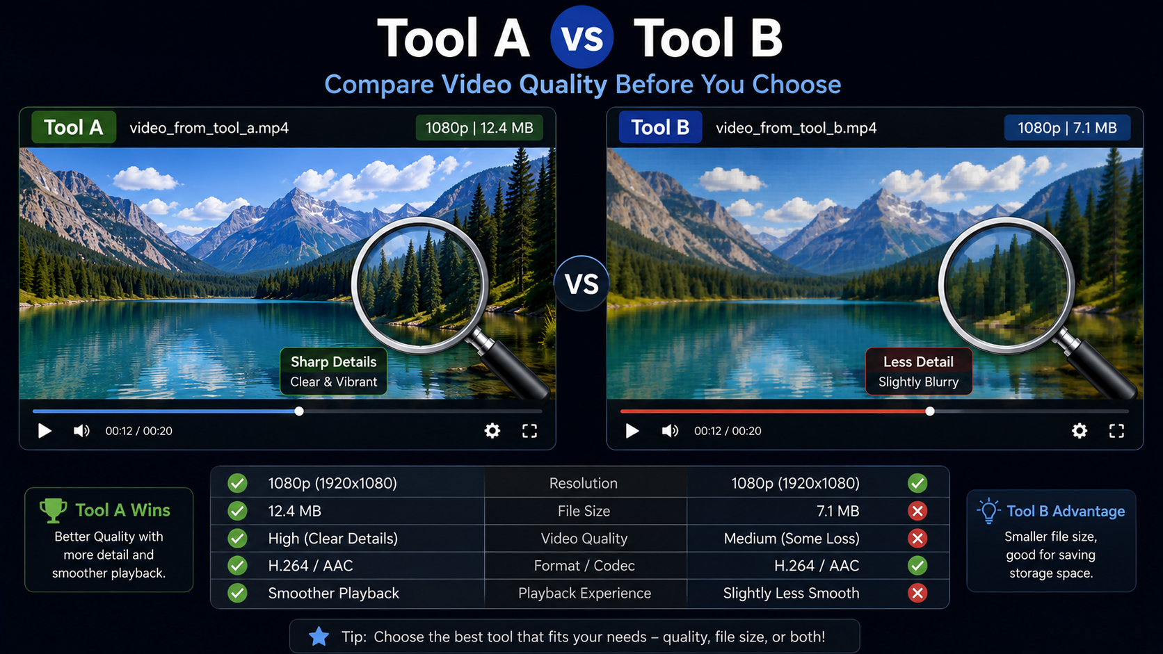 Two video files side by side on a comparison screen, one from Tool A and one from Tool B, with a magnifying glass highlighting quality differences.