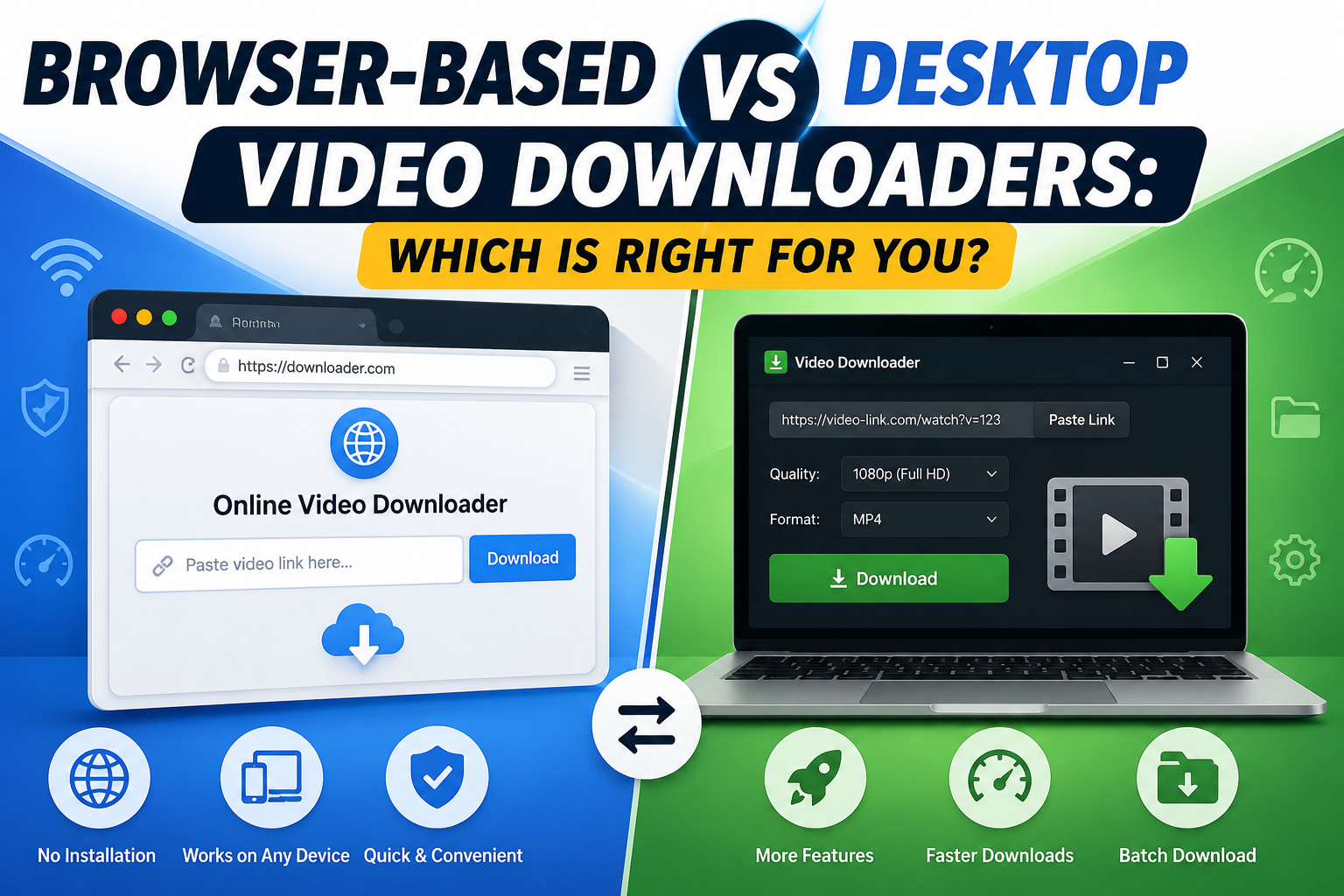A cloud icon connected to a browser window on one side, and a desktop computer icon on the other, representing the two approaches.