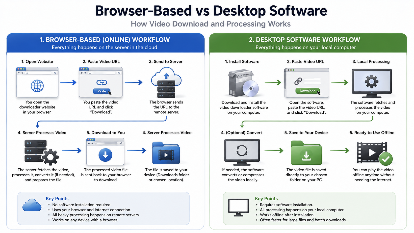 Two side-by-side flow diagrams, one showing browser-to server processing and the other showing local desktop installation and processing. 