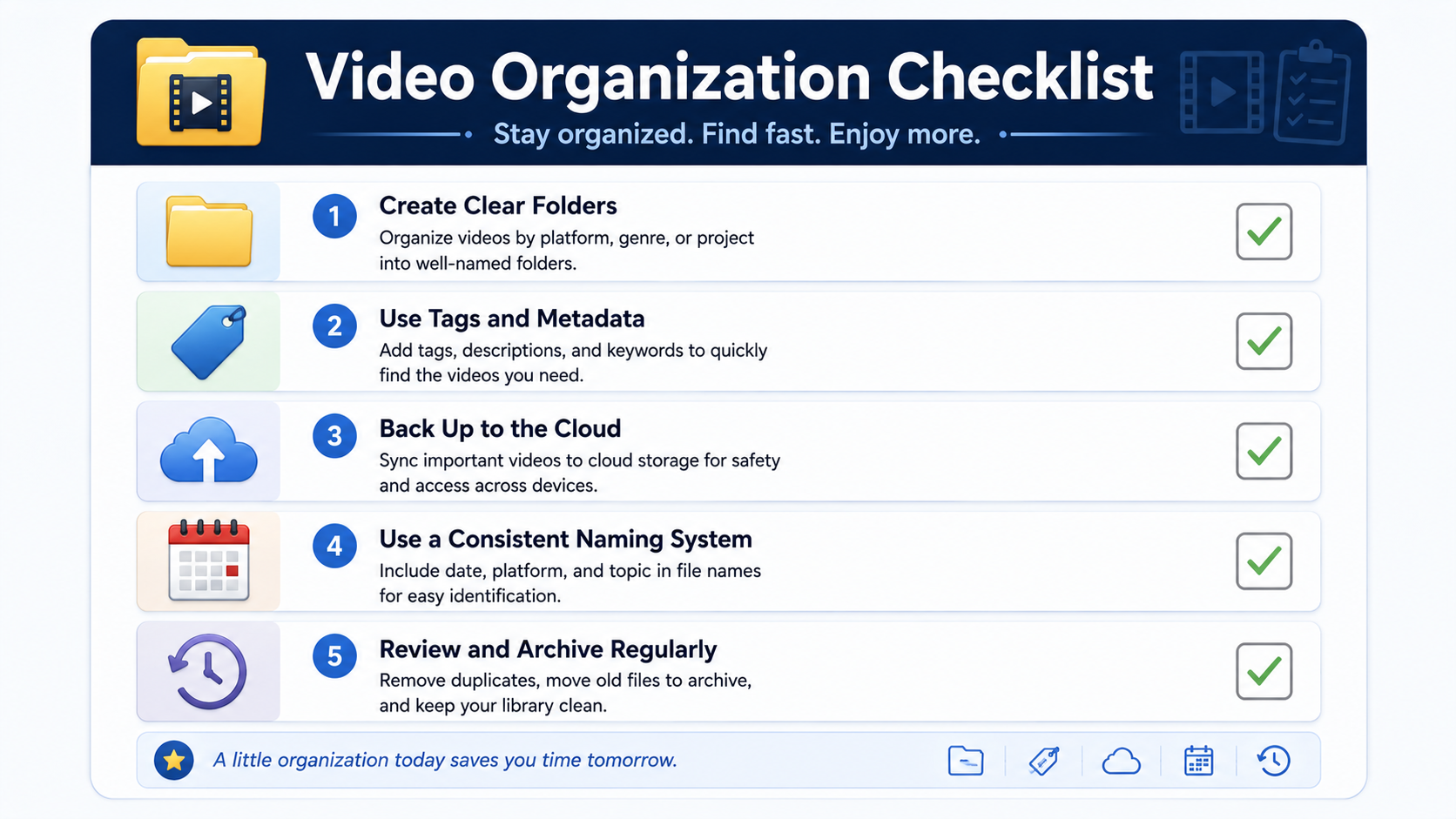 A five-item organization checklist card with folder, tag, cloud, calendar, and history icons.