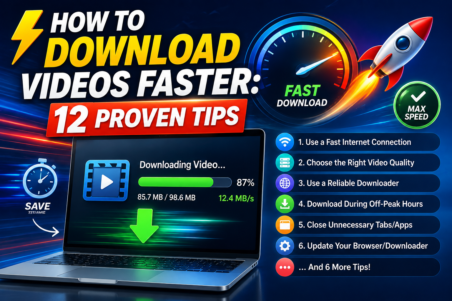 A speedometer or lightning bolt icon layered over a download arrow, symbolizing faster download speeds.