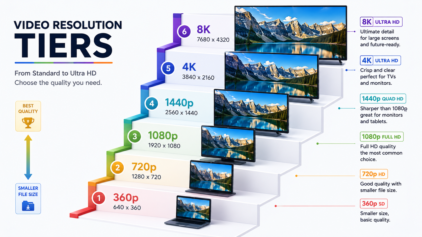 A visual ladder graphic showing six resolution tiers from 360p at the bottom to 8K at the top, growing progressively larger.