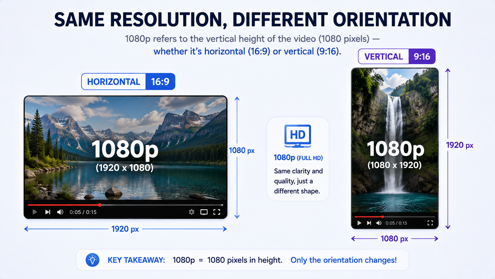 A horizontal 16:9 video frame next to a vertical 9:16 video frame, both labeled 1080p to show the same resolution in different orientations.