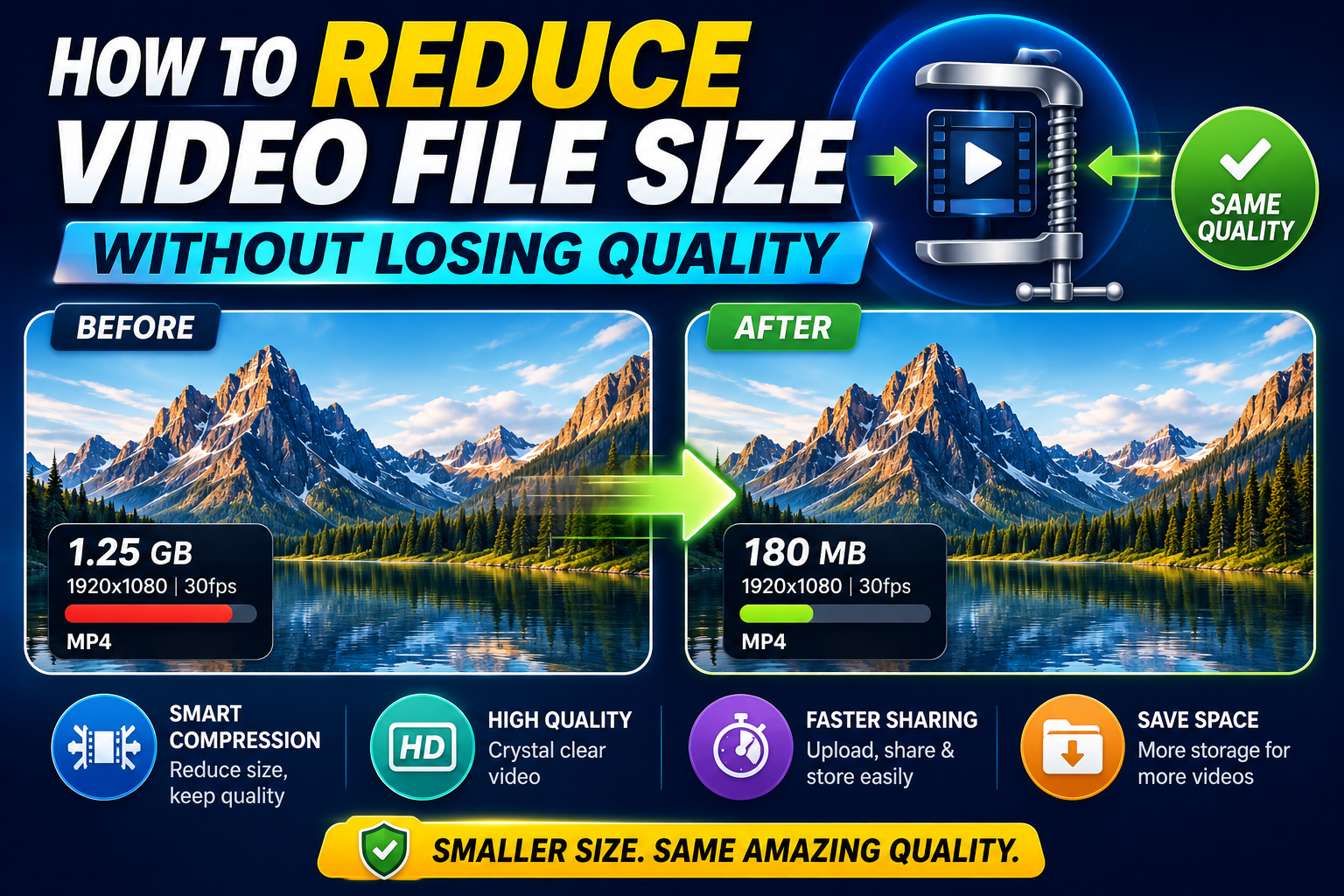 A large file icon shrinking into a smaller file icon while a quality star rating stays full, symbolizing size reduction without quality loss.