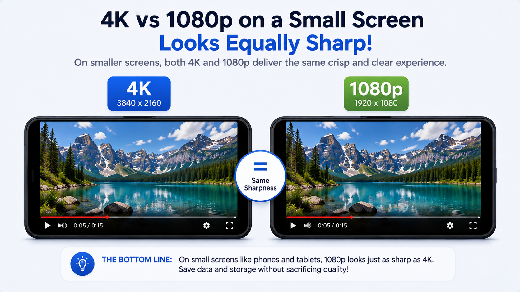 Two identical video frames labeled 4K and 1080p side by side, both looking equally sharp on a small screen mockup.
