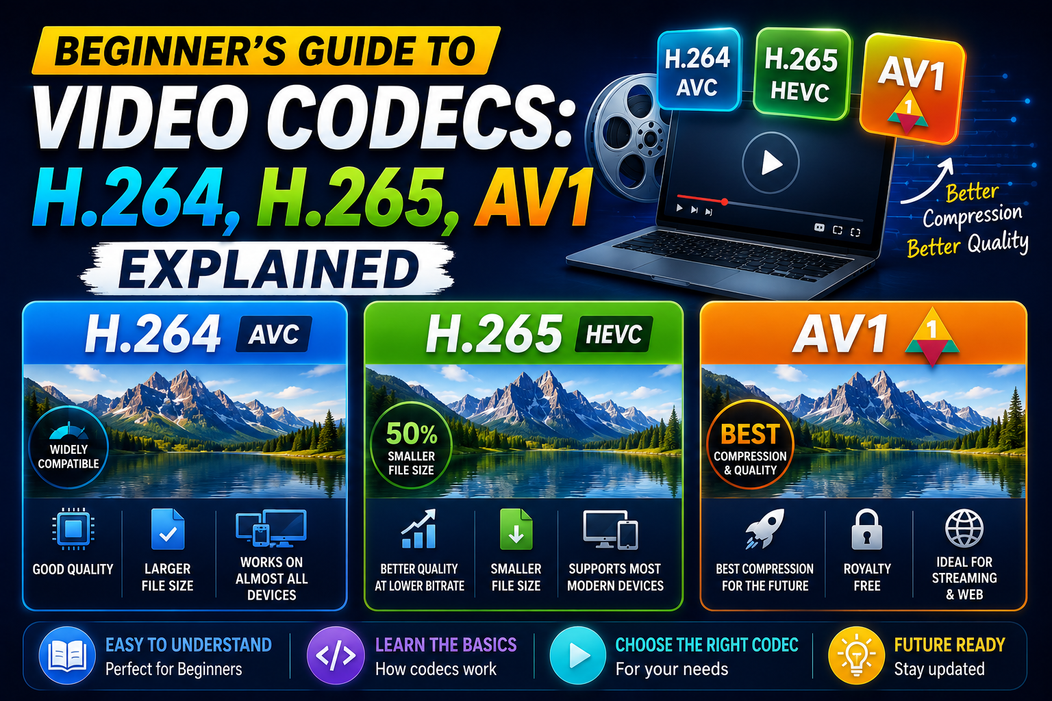 Three labeled gear or chip icons representing H.264, H.265, and AV1 codecs, connected to a video file icon.
