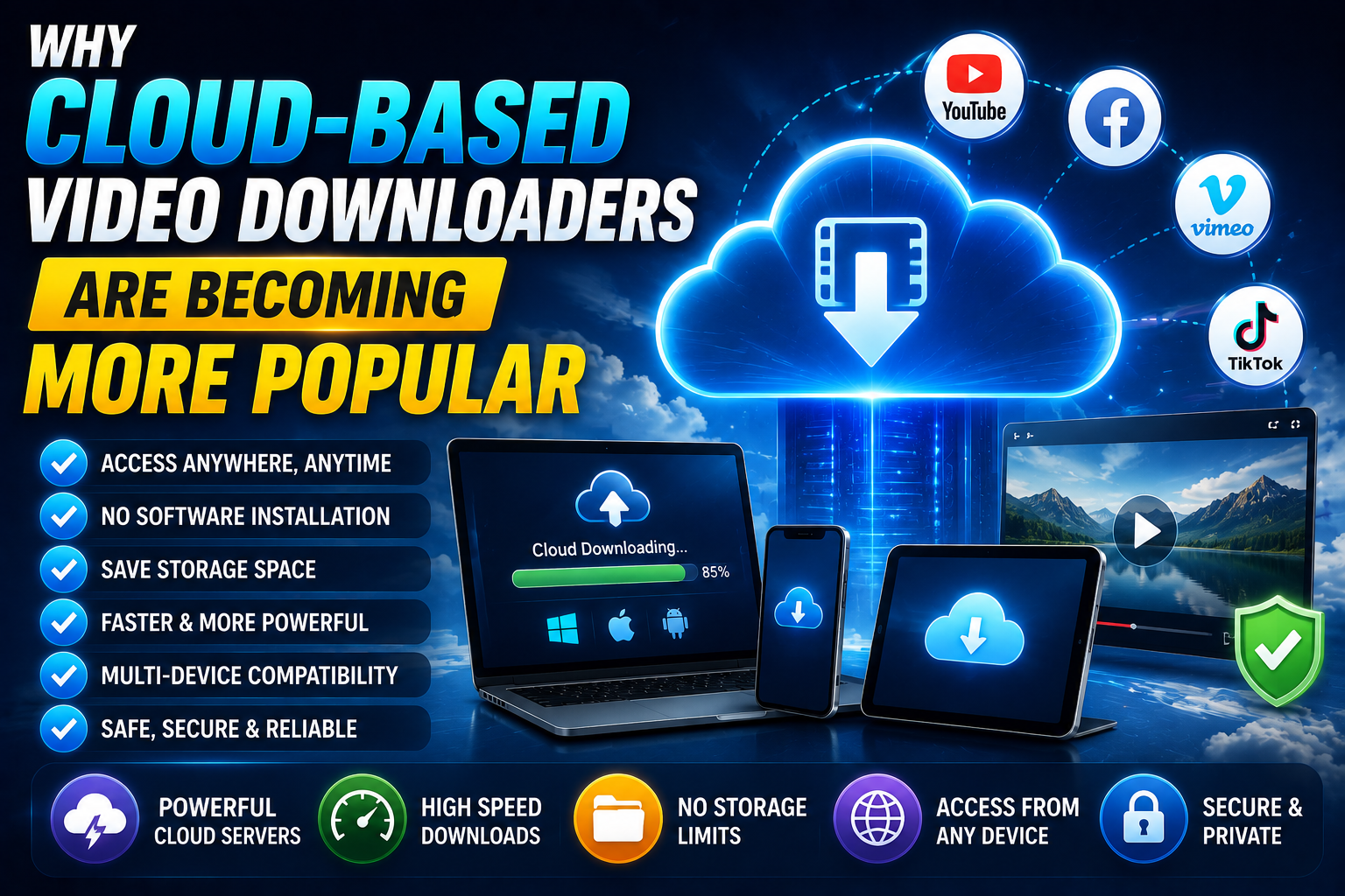A cloud icon with multiple connected devices — phone, tablet, laptop — around it, representing cloud-based accessibility.
